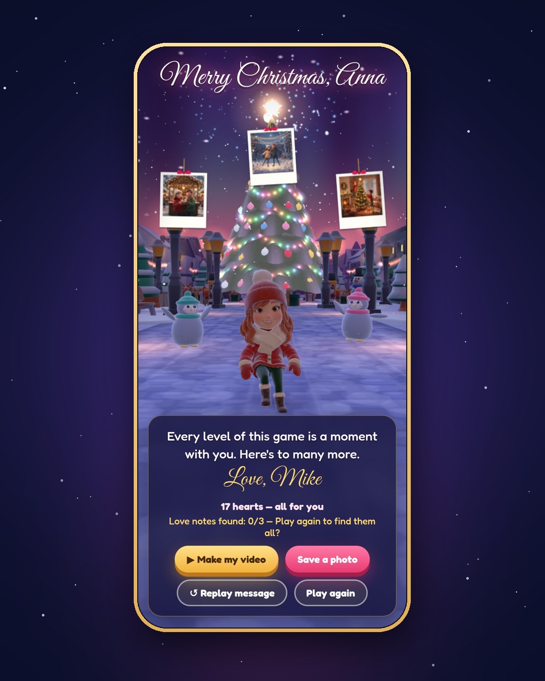 Demo game, Anna (partner demo): Finale screen with your message