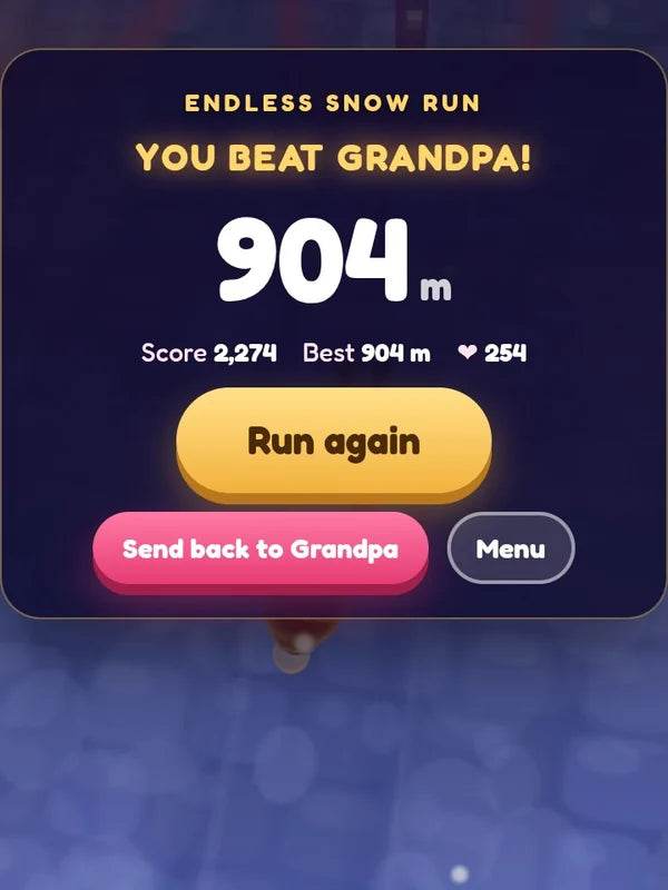 Demo game, Sofia, from Grandma & Grandpa (grandparents demo): Endless Snow Run with the record banner