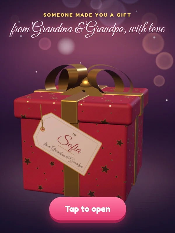 Demo game, Sofia, from Grandma & Grandpa (grandparents demo): Gift box with their name tag, opening