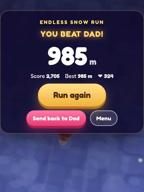 Demo game, Sofia (kids demo): Endless Snow Run with the family record banner