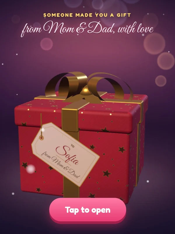 Demo game, Sofia (kids demo): Gift box with their name tag, opening