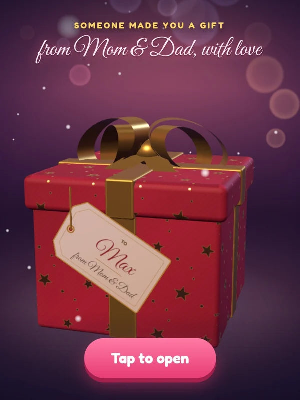 Demo game, Max (kids demo): Gift box with their name tag, opening