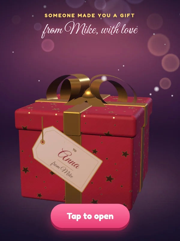 Demo game, Anna (partner demo): Gift box with their name tag, opening