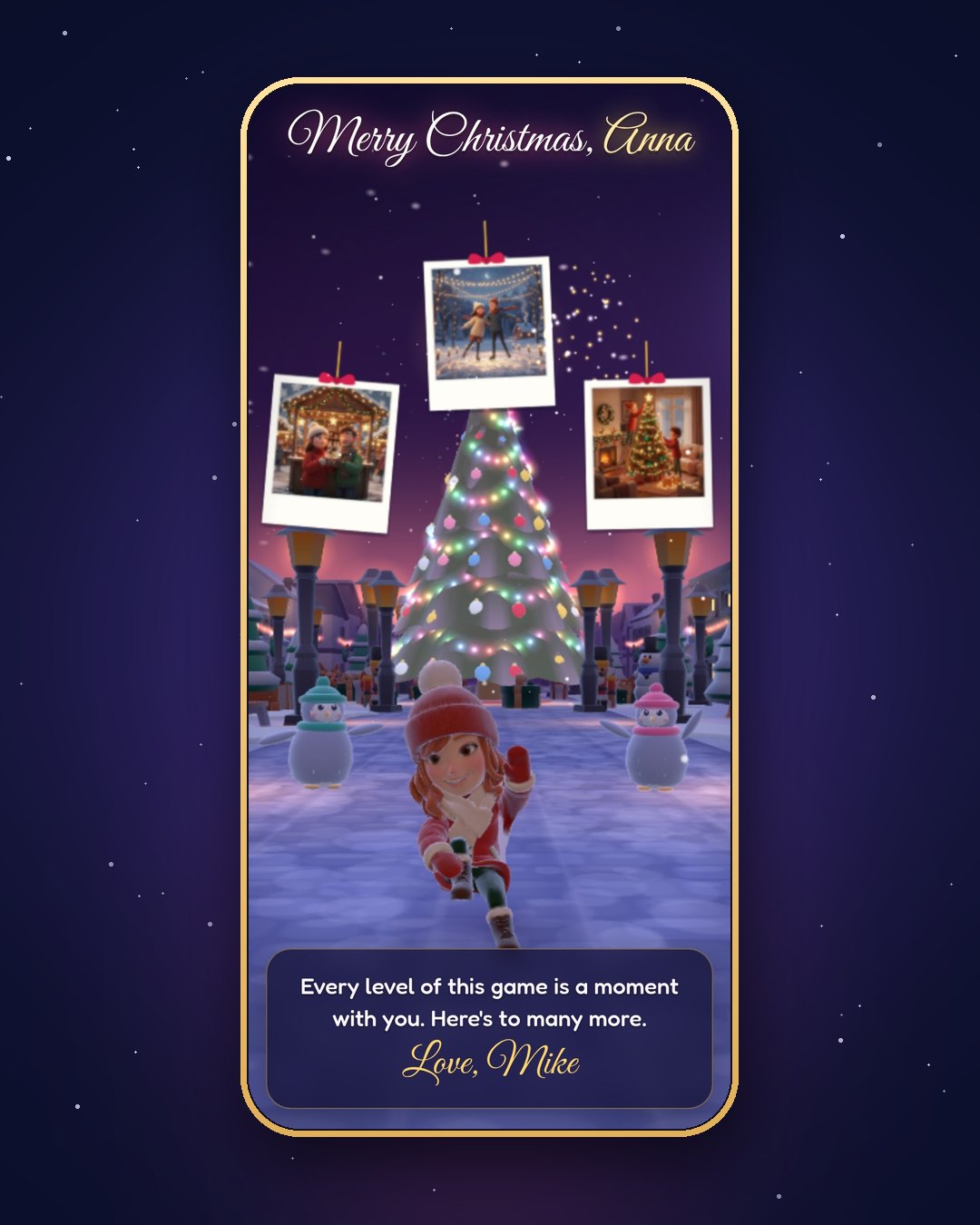 Their Christmas finale: “Merry Christmas, Anna”, the lit tree with memory photos and your message