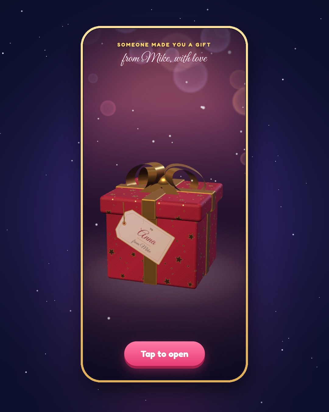 The game opens with a gift box addressed to them — from you