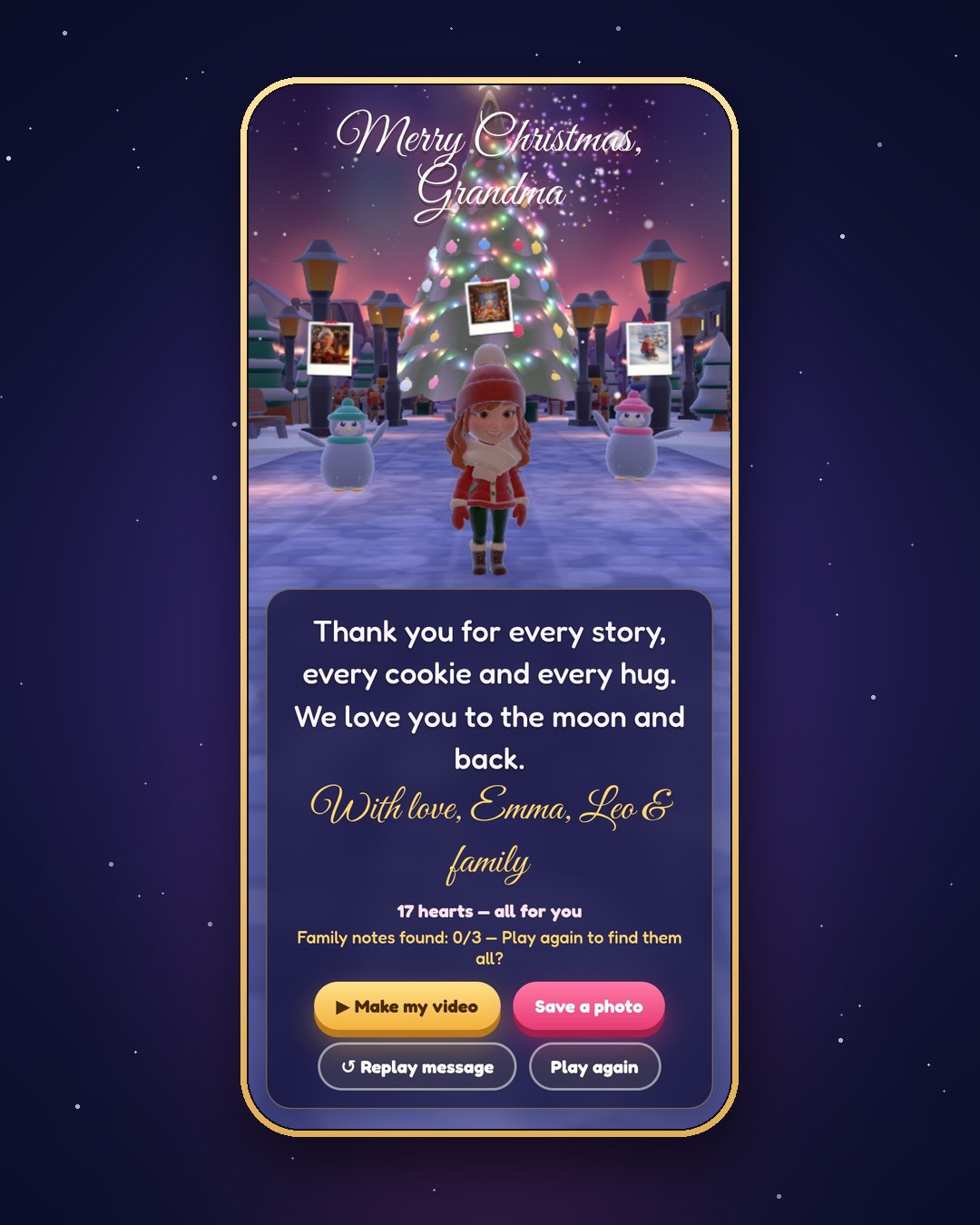 Demo game, Grandma (family demo): Finale screen with your message