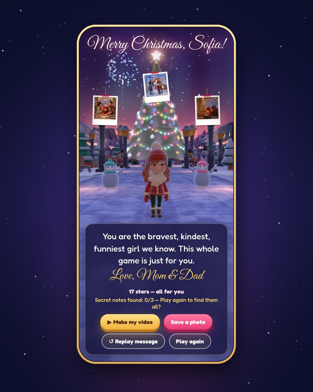 Demo game, Sofia (kids demo): Finale screen with your message